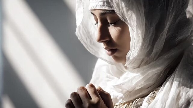Woman in white veil praying in soft sunlight.