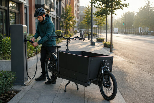 Delivery worker charging an electric cargo bicycle