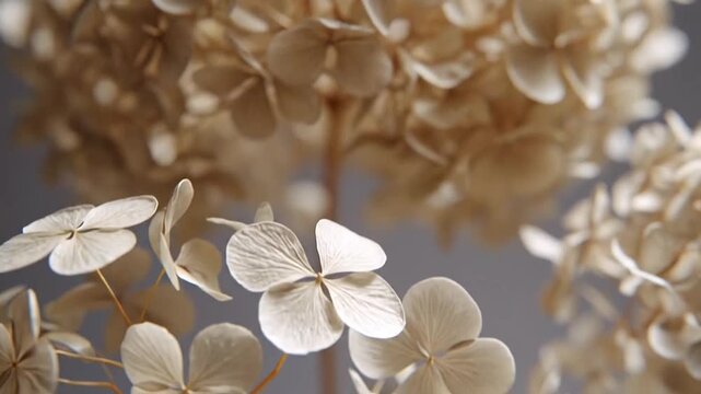 Close-up of dried hydrangea flower head in beige