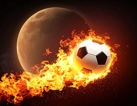 A blazing soccer ball on fire soaring through space against a giant moon backdrop. Ideal for sports posters, championship banners, and dynamic competition concepts.
