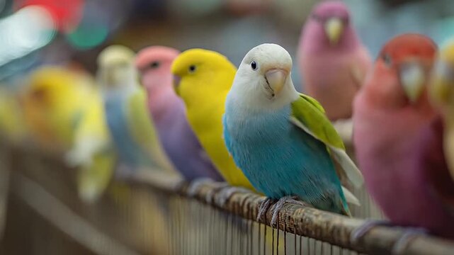 Row of colorful budgies perched on wooden railing.