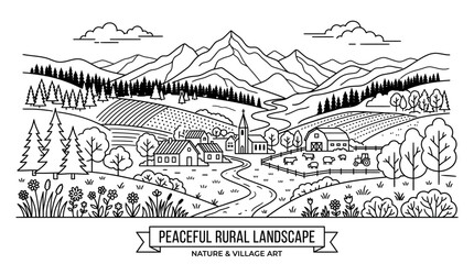 Fototapeta premium Very beautiful black and white realistic vector landscape featuring trees, forest, mountains, flowers, plants, houses, fields, farms and villages with clean countryside linework, NATURE & VILLAGE LAND