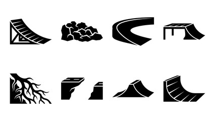 Fototapeta premium Extreme Sports Skatepark And Mountain Bike Trail Obstacle Black Glyph Icon Set With Ramp And Berm
