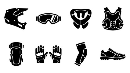 Fototapeta premium Extreme sports and motocross protective gear icon set safety equipment silhouette symbols for athlete