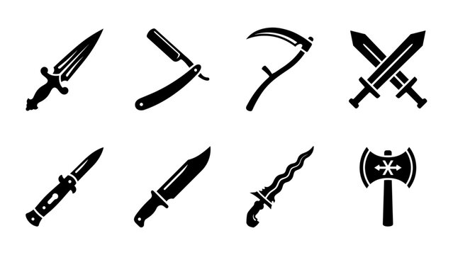 Sharp Edged Cold Weapons Icons Set Dagger Scythe Crossed Swords Battle Axe Kris Vector Silhouette