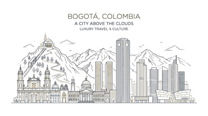 Obraz premium Bogota Colombia Skyline with Monserrate Hill and Mountains - Minimalist Line Art