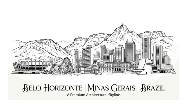 Belo Horizonte Skyline, Minas Gerais, Brazil - Hand Drawn Architectural Illustration