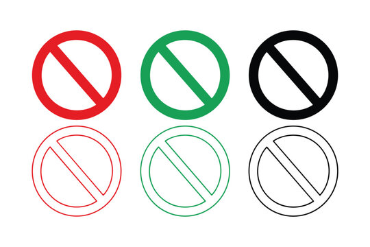 Prohibition Symbols: A set of six prohibition symbols in red, green, black, light red, light green, and outline versions, indicating restriction and negation across various contexts.