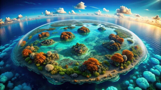 A submerged earth its landmasses now islands rises serenely from turquoise depths adorned with coral and seaweed