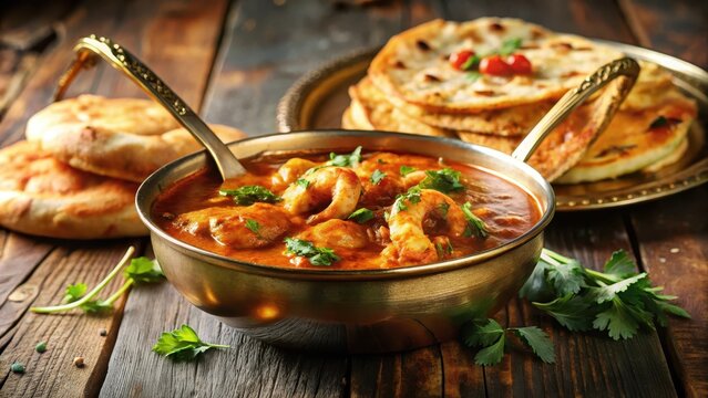 A steaming traditional prawn curry in brass bowl on wooden table with golden spoon and soft naan bread