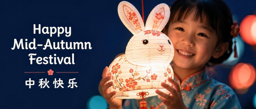 Mid-autumn festival greeting with smiling child holding glowing rabbit lantern, chinese holiday celebration, mooncake season, family reunion, night lights