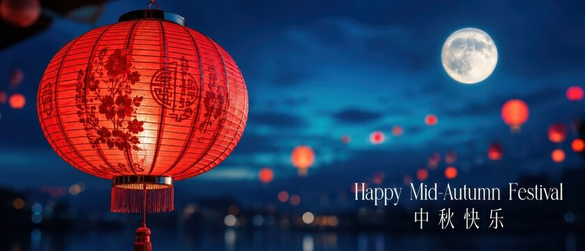 Red chinese lantern under full moon over night river, mid-autumn festival greeting, glowing sky lanterns, autumn harvest celebration, asian holiday background, lunar reunion atmosphere