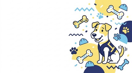 Fototapeta premium Cartoon service dog in blue safety vest with hard hats. Playful labor mascot vector for construction branding and site safety.