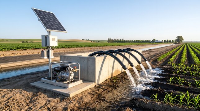 Solar powered agricultural irrigation pump system running in a farm field