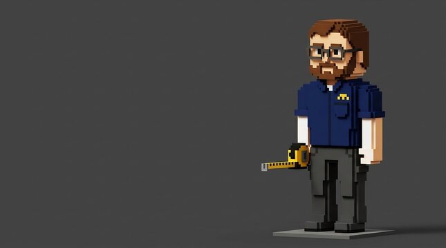 Voxel art handyman character holding tape measure, professional contractor in blue polo shirt and glasses, construction worker mascot, home repair service concept, 3D pixel art.