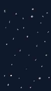 Dark navy blue field scattered with various white mathematical symbols, Greek letters, and typographic glyphs arranged in a random, floating pattern.