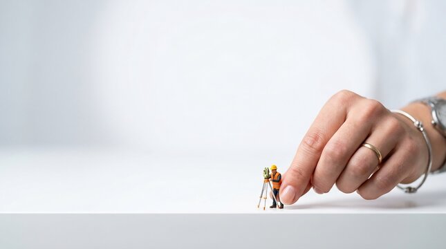 Giant hand placing miniature surveyor figure, workforce management concept, precision labor metaphor, construction planning and human resource strategy on white background.