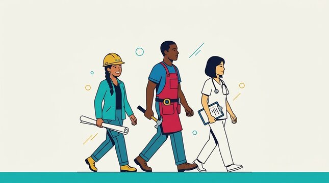 Diverse professionals walking together including an architect, construction worker, and nurse, representing workforce diversity, career growth, and essential labor collaboration.