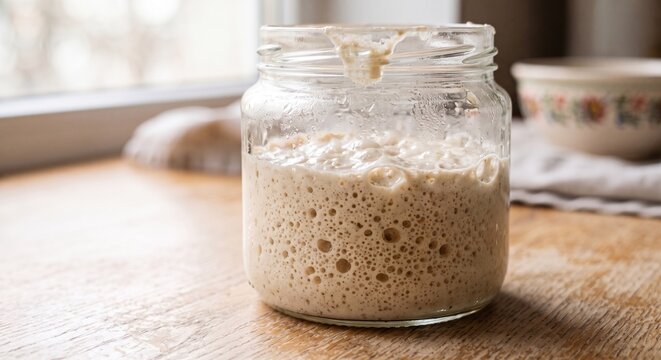 Sourdough starter bubbling in glass jar