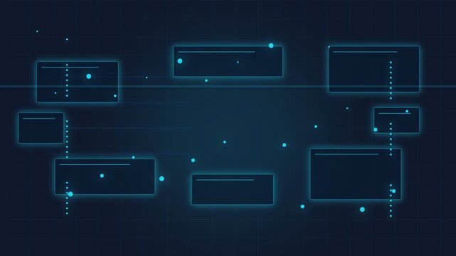 Minimalist user interface elements featuring glowing rectangular frames with dotted lines and scattered connection nodes on a dark blue grid .