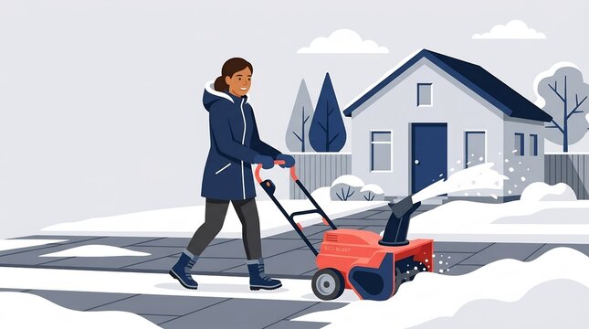 Smiling woman clearing snow with a red electric snowblower on a suburban driveway, winter home maintenance, outdoor labor, vector illustration, seasonal yard work chores.