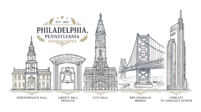 Philadelphia Skyline Landmark Illustration: Independence Hall, Liberty Bell, City Hall, Ben Franklin Bridge, Comcast Center