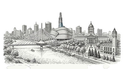 Obraz premium Cityscape Panorama: Historic and Modern Architecture Blend with River and Bridge