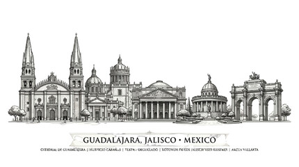Fototapeta premium Guadalajara Skyline, Jalisco, Mexico - Landmark Architecture Illustration