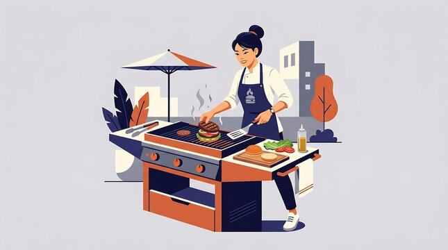 Asian female chef grilling burgers on outdoor grill, flat vector illustration, professional food service labor, culinary worker in apron.