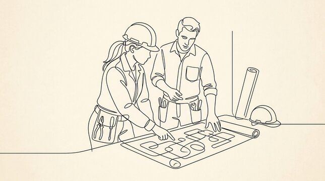Construction workers reviewing blueprints in minimalist continuous line art, depicting professional teamwork, industrial planning, and architectural collaboration.