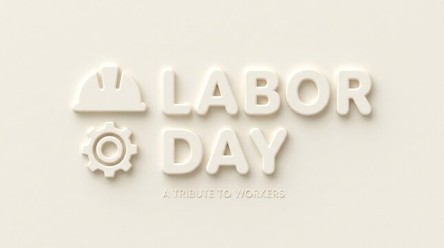 Labor Day 3D text with hard hat and gear icons, minimalist neumorphic style, professional holiday tribute for workers, clean industrial graphic.