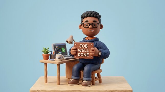 Claymation tech professional holding Job Well Done sign, software developer celebrating success at desk, employee recognition, career achievement, remote work motivation.