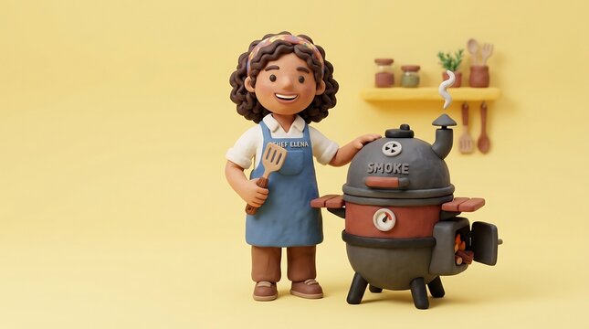 Claymation Chef Elena pitmaster with BBQ smoker and spatula. Professional culinary labor, whimsical handmade kitchen scene, BBQ catering concept, playful character design.