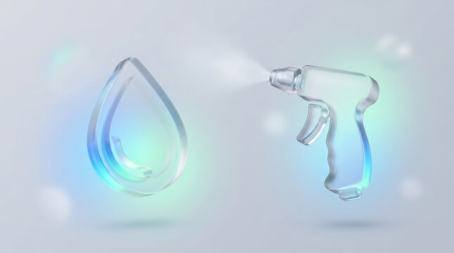 Glassmorphism spray gun and water drop icons representing cleaning, sanitation, and pressure washing labor services; 3D transparent glass design.