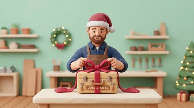 3D claymation carpenter in a Santa hat wrapping a toolbox gift with a red ribbon in a festive workshop, DIY holiday gift concept, seasonal labor and craftsmanship illustration.