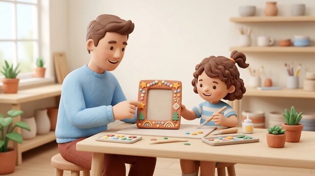 Father and daughter crafting clay picture frame, 3D character illustration, creative family bonding, home workshop, teaching art, happy parenting, colorful handmade craft.