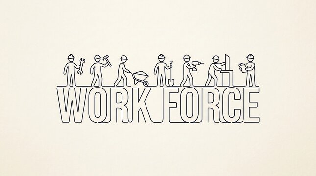 Workforce illustration with diverse stick figure laborers using tools like wrenches and shovels, representing manual labor, industrial jobs, teamwork, and human resource