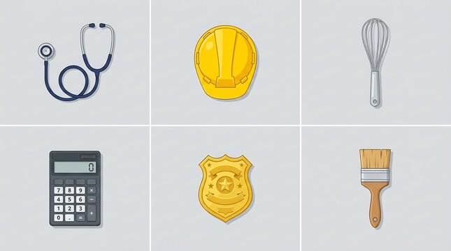 Professional career icons collection featuring stethoscope, hard hat, whisk, calculator, police badge, and paintbrush representing diverse labor roles and workforce diversity.