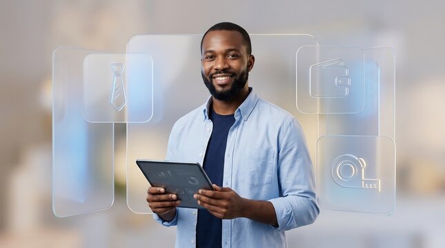 Confident Black professional using tablet with floating glass icons representing career growth, financial success, and technical skills. Modern business and labor market concept.