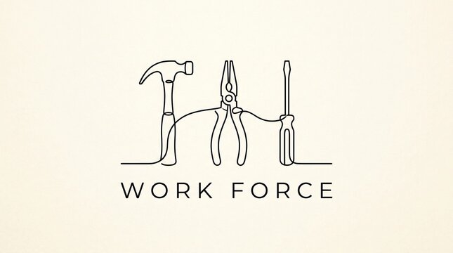 Minimalist line art logo of hammer, pliers, and screwdriver tools with WORK FORCE text; conceptual symbol for skilled labor, manual trade, construction, and professional repair.