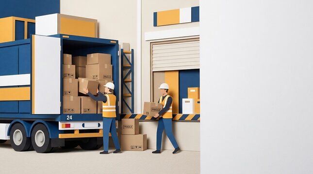 Warehouse workers loading cardboard boxes into a delivery truck, logistics and supply chain management, industrial shipping and distribution services, manual labor, transport.