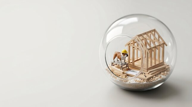 Bulldog in a hard hat constructing a miniature wooden house frame inside a glass terrarium. Concept of home building, real estate, labor, and craftsmanship on a clean background.