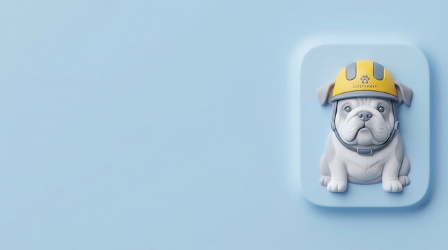 3D bulldog mascot wearing a yellow safety hard hat, labor protection concept, occupational health and safety icon, workplace security symbol on minimalist blue background.