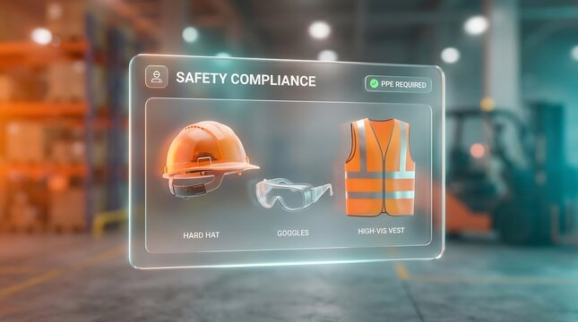 Safety compliance digital interface displaying PPE icons like hard hat, goggles, and high-vis vest in a warehouse, augmented reality industrial safety technology concept.