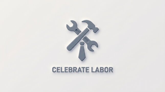 Celebrate Labor 3D icon featuring crossed wrench, hammer and necktie, representing blue-collar and white-collar workforce, minimalist industrial graphic for Labor Day celebration.