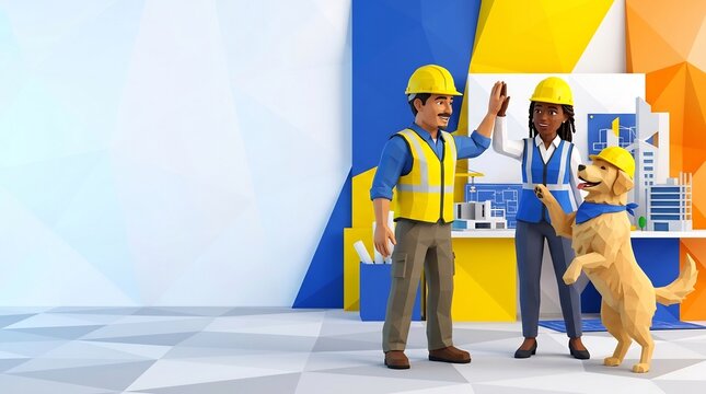 Diverse construction workers high-fiving with a golden retriever in a hard hat. Low-poly 3D art celebrating architectural teamwork, safety, and project success.