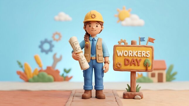 Claymation female worker holding blueprints beside Workers Day sign, 3D character celebrating labor, professional engineer concept, industrial craft theme.