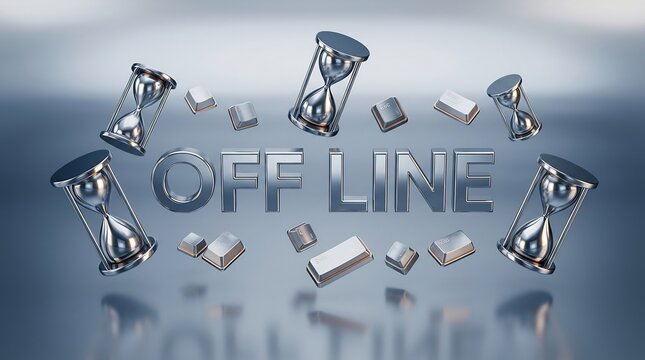 OFF LINE 3D metallic text with floating hourglasses and keyboard keys. Visualizes digital detox, work-life balance, and employee labor rights.
