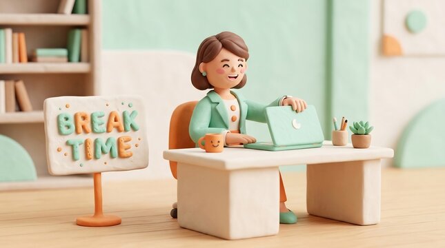 3D clay woman closing laptop by Break Time sign, work-life balance concept, happy office employee, stylized labor illustration, mental health at work.