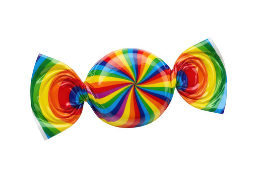 Colorful rainbow swirl candy wrapped in shiny foil isolated on transparent background